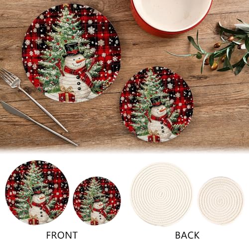 Snowman Christmas Tree Trivet Mat Set - Red Black Plaid Woven Hot Pads