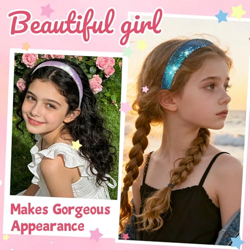 ROISDIYI Sequin Headbands for Girls, 2-Pack Sparkly Glitter Hair Bands