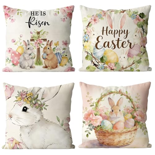 Easter Pillow Covers Set of 4 - 18x18 Inch Bunny & Egg Designs