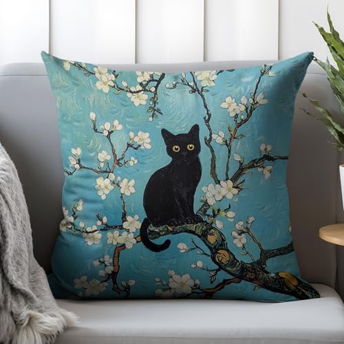 Van Gogh Almond Blossom Cat Pillow Cover 18x18 - Gift for Cat Lovers