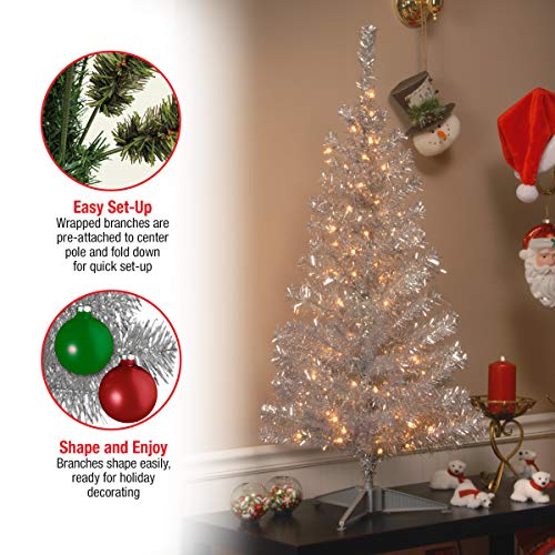 4ft Silver Tinsel Pre-Lit Christmas Tree - Artificial Holiday Tree with Lights