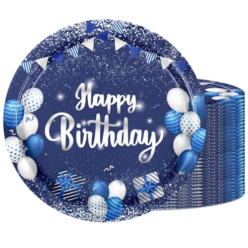 50-Pack 7-Inch Blue and Silver Birthday Paper Plates, Disposable Dessert Plates