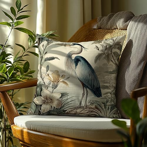 Vintage Blue Heron Pillow Cover 18x18 - Bird-03, Double-Sided Flannel