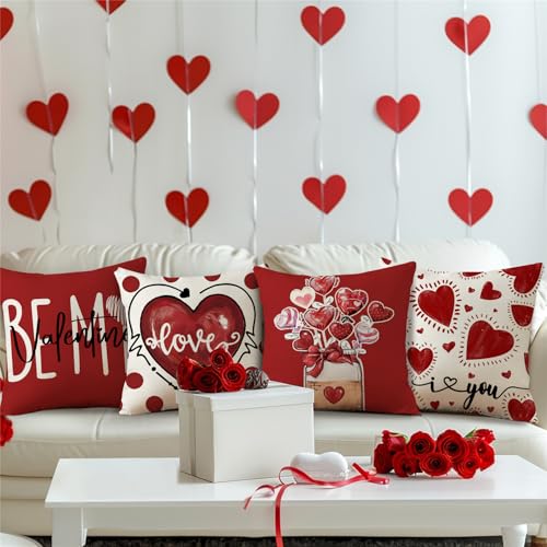 Valentine's Day Love Heart Polka Dot Pillow Covers 18x18, Set of 4