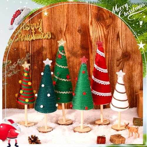 Mini Yarn Christmas Trees Set of 6 - Holiday Table Decorations with Stars
