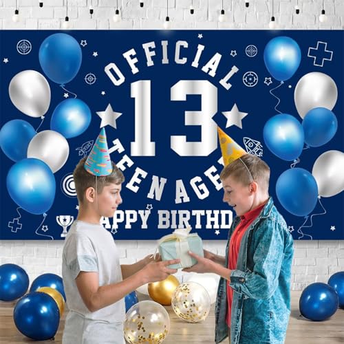 Happy 13th Birthday Banner - Navy Blue & Silver Teen Decor