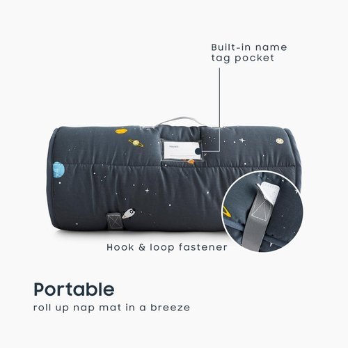 Wake In Cloud - Toddler Nap Mat with Pillow and Blanket, 100% Cotton Fabric, for Kids Boys Ages 3 Plus in Daycare Kindergarten Preschool, Roll Up Sleeping Bag, Galaxy Spaces, Gray, Extra Long