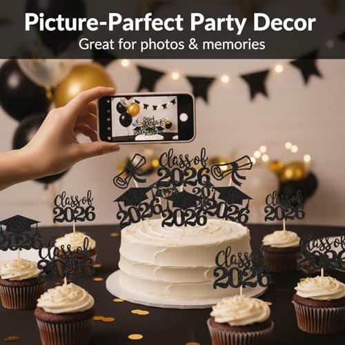 36 PCS Class of 2026 Graduation Cupcake Toppers - Black Glitter
