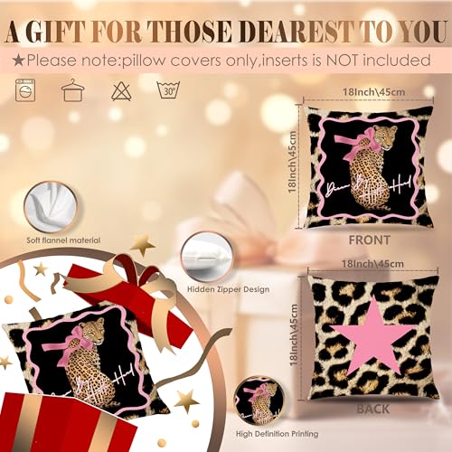LUKIPOM Pink Bow Leopard Print Throw Pillow Cover 18x18