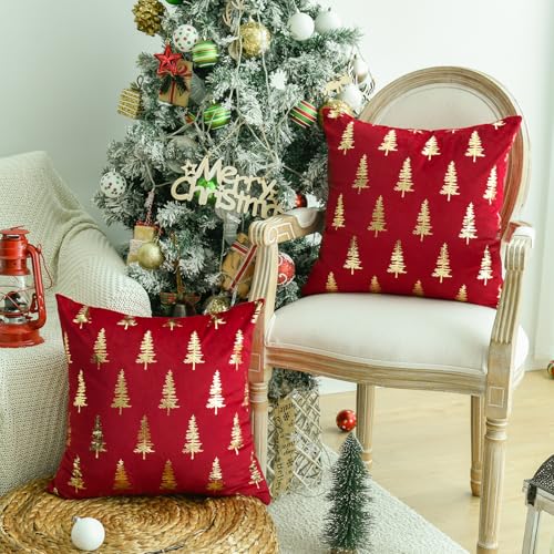 Christmas Red Velvet Throw Pillow Cover 20 x 20 Inches Set of 2 with Gold Foil Tree Design