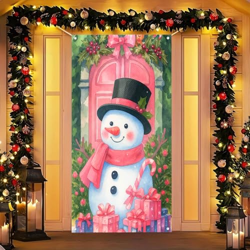 BlissYard Pink Snowman Christmas Door Cover 35x71 Inch Wall Banner