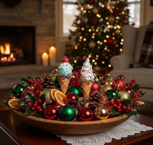 Set of 2 Whimsical Holiday Ice Cream Cone Ornaments - Fun Christmas Decor