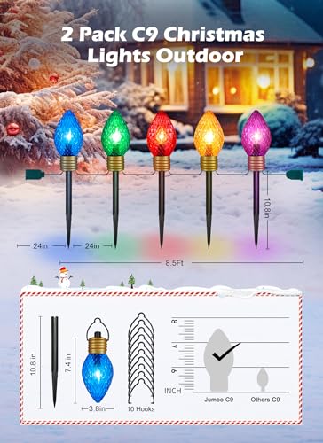 Outdoor Christmas Pathway Lights 2 Pack Jumbo C9 Strawberry Bulbs 10.5 Feet