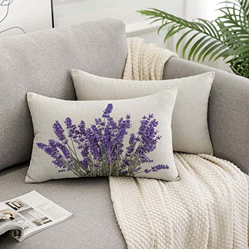 Lavender Flowers Throw Pillow Case - 12x20 Inch Faux Linen Cushion Cover