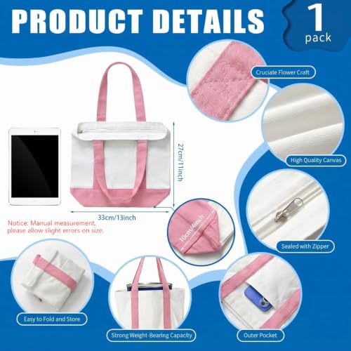 Mini Canvas Tote Bag with Zipper - 13" x 11" Pink