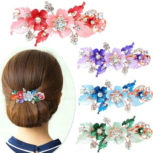 Green Rhinestone Butterfly Flower Hair Barrette Large Crystal Clip