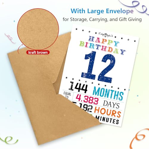 12th Birthday Card for Boys & Girls - HEJOYN QQ-202, 10.6x7.9 Inches