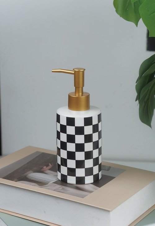 Checkered Ceramic Soap Dispenser White and Black,Liquid Lotion Dish Hand Checkerboard Soap Dispenser Bottle with Golded Pump Plastic for Kitchen,Bathroom,Washroom
