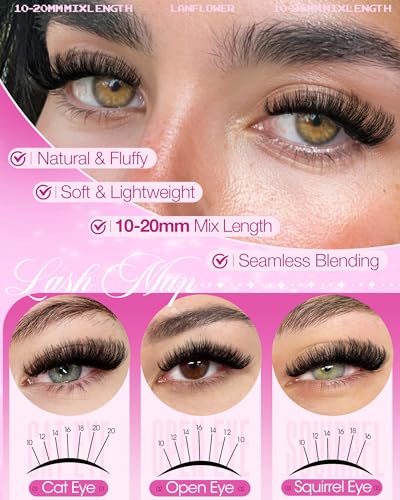 LANFLOWER Fluffy Lash Clusters Kit - 10-20mm D Curl Wispy DIY Eyelash Extensions
