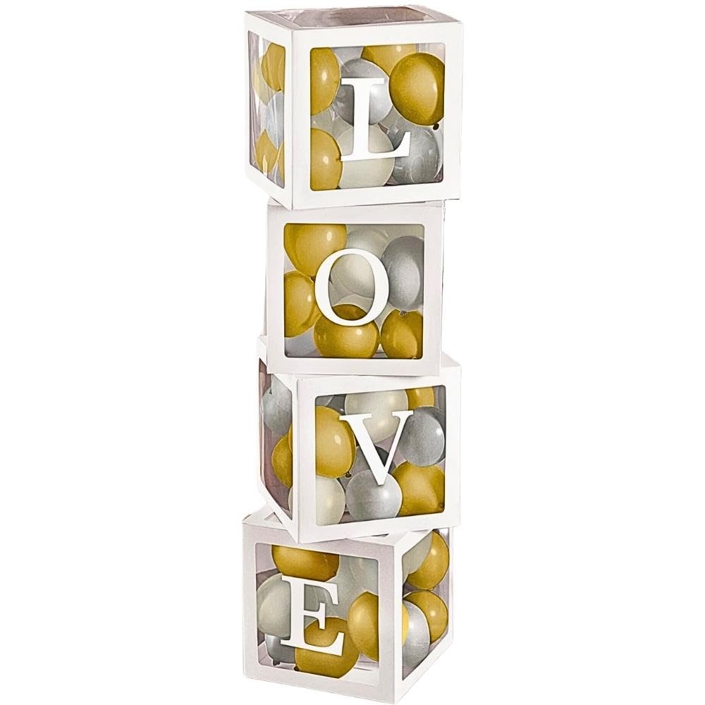 White & Gold Love Balloon Boxes Set - (72 Piece) 11.75" x 11.75" & 5" | Perfect for Engagements, Weddings, and Romantic Celebrations
