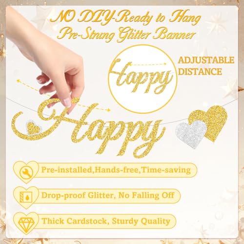 Gold Glitter Happy Engagement Banner with Heart Garland