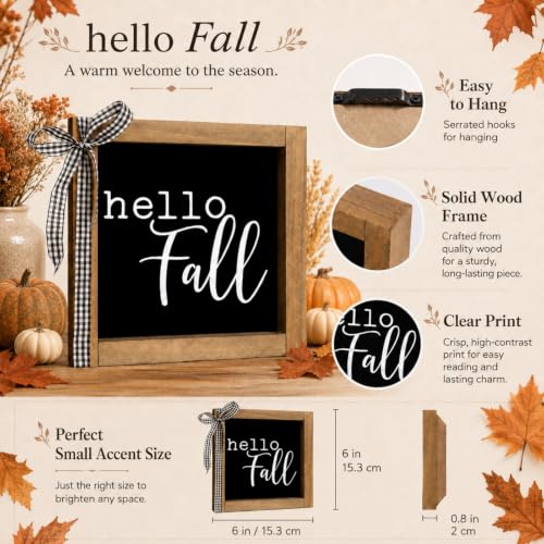 Hello Fall Sign 6-Inch Black Rustic Wooden Farmhouse Autumn Decor