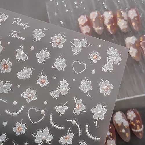 LYLYNB 5D White Flower Nail Stickers Embossed Floral Decals
