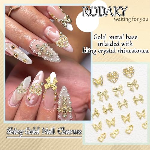 RODAKY 44PCS Gold Nail Charms 3D Bow Butterfly Metal Gems