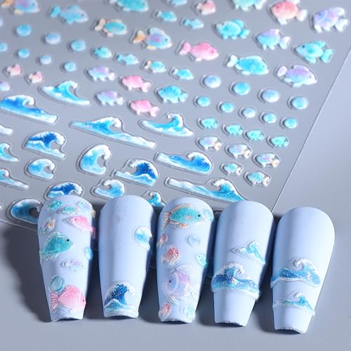 IDDFEVE 5D Embossed Summer Nail Stickers - Tropical Beach Palm Tree & Wave Decals (2 Sheets)