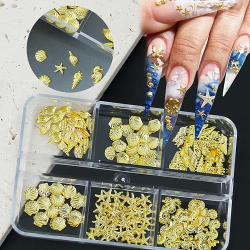 3D Summer Ocean Gold Metal Nail Charms - Seashell Starfish Seahorse
