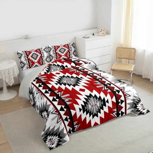 Jejeloiu Boho Kids Full Bedding Set Aztec Design Dark Gray Red 3-Piece
