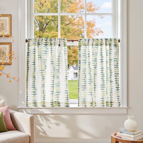 jinchan Sage Green Tribal Linen Kitchen Tier Curtains, 26x24 Inch 2 Panels