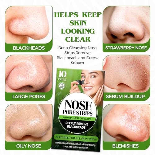 Bellisinno Charcoal Blackhead Remover Nose Strips, Deep Cleansing Pore Strips - 10 Count