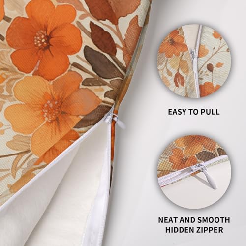 Burnt Orange Fall Floral Pillow Covers 18x18, Set of 2 Cotton Linen Cases