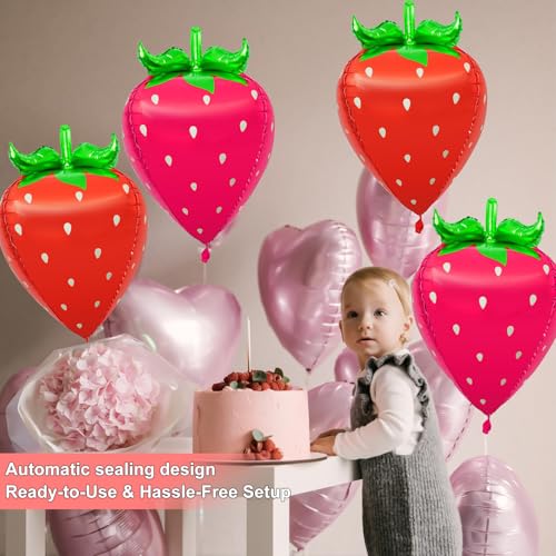 28-Inch Strawberry Balloons - 4 Pack 4D Mylar Foil Decorations