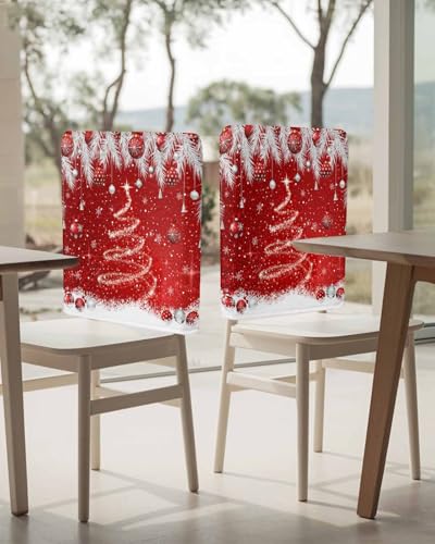 6PCS Christmas Chair Covers Set - Red Sparkle Ornaments, Slipcover for Dining Chairs