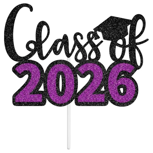 Class of 2026 Graduation Cake Topper - Black & Purple Glitter