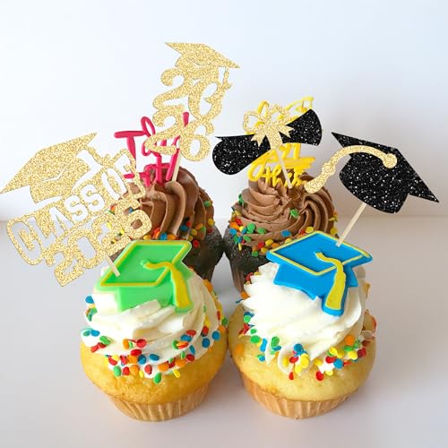 Ephlyn 36Pcs Class of 2026 Gold Glitter Graduation Cupcake Toppers