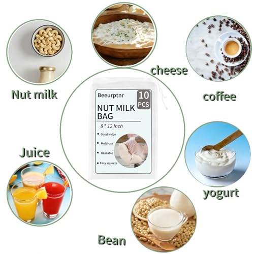 Nut Milk Bag Set - 10 Reusable 12x8 Inch Strainer Bags for Juice, Yogurt & Cheese