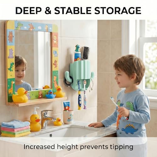 Cute Cactus Toothbrush Holder - Wall Mounted Kids Bathroom Organizer