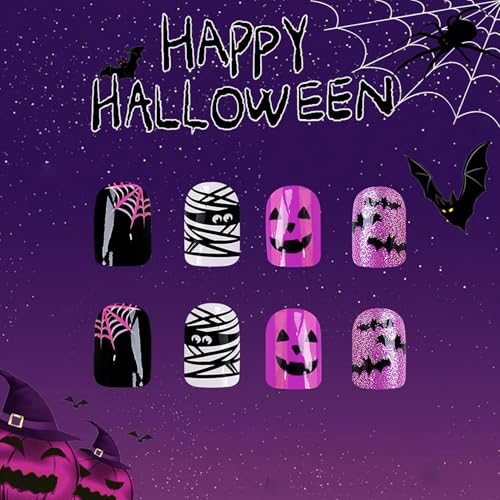 Halloween Press on Nails Short Square Glossy Fake Nails with Mummy Bat Designs