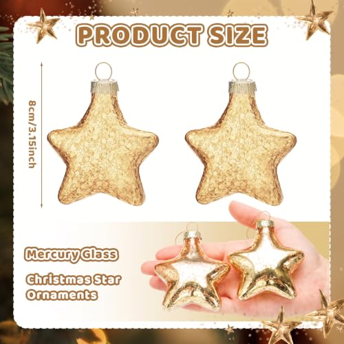 Gold Mercury Glass Christmas Star Ornaments Set - 3.15 Inch Holiday Decor
