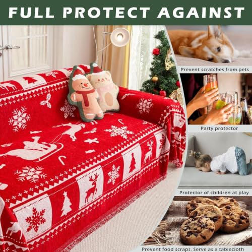 Reversible Christmas Sofa Slipcover Deer Snowflake Pattern Red White 134x71 with Tassels
