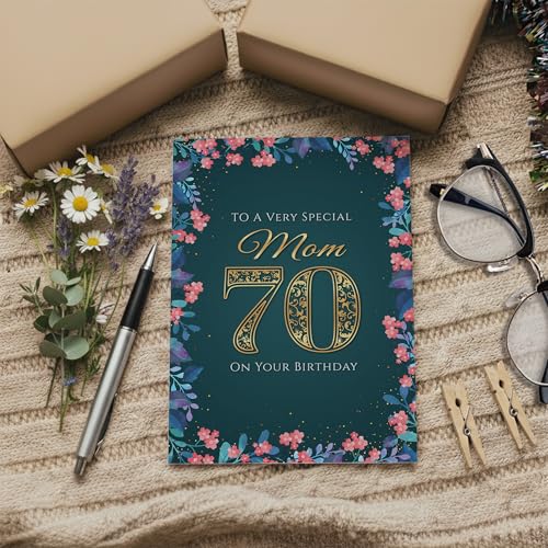 Elegant Mom 70th Birthday Card - Premium A5, Teal & Gold Design