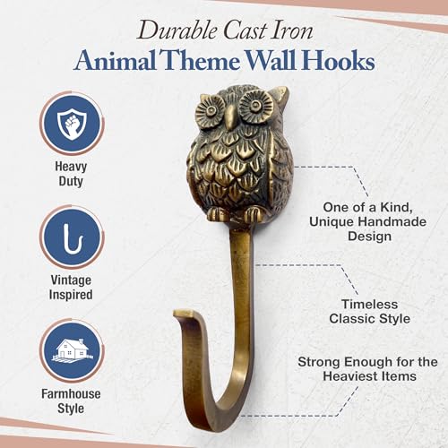Antique Bronze Cast Iron Owl Hook - Heavy Duty 5 Inch Wall Hook for Coats, Bags, Hats