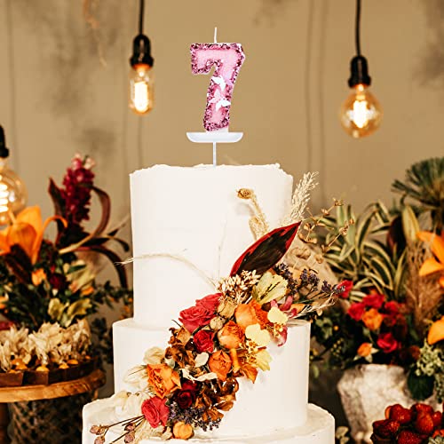 Pink Glitter Number 7 Birthday Candle with Butterfly and Sequins Cake Topper