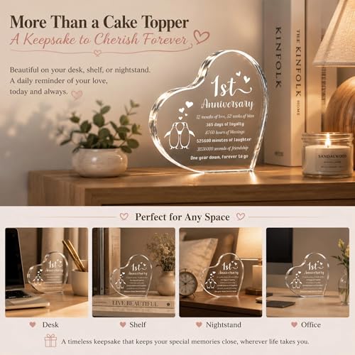 Acrylic Heart Decor with Penguin Couple - 1st Anniversary Keepsake
