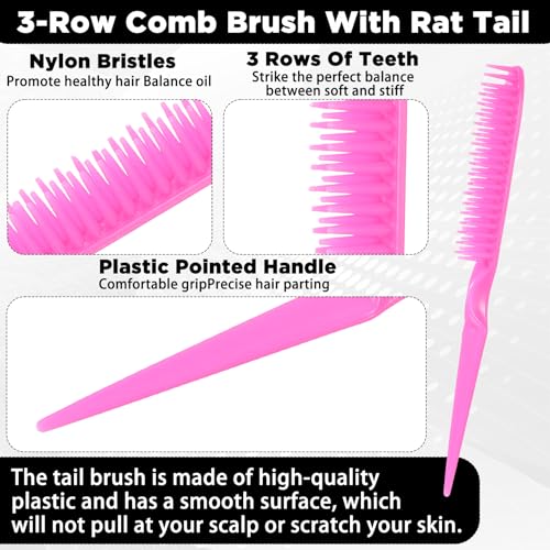 3 Row Hair Comb Set with Rat Tail Handle, Rose Pink Detangling Styling Tool, 2PCS