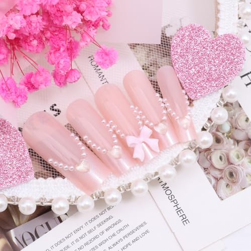 Pink French Tip Press on Nails Long Square with 3D Bow Heart