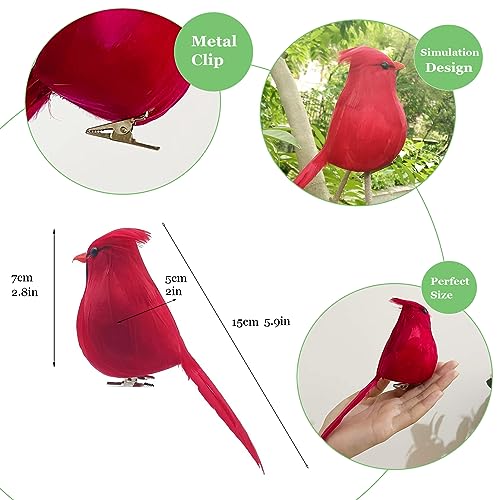 2pcs Red Cardinals Christmas Ornaments Clip-On Birds for Holiday Decor and Crafts